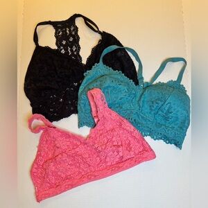Laura Ashley, Auden and Jessica Simpson Lace Bralette Trio - Black, Teal, Pink